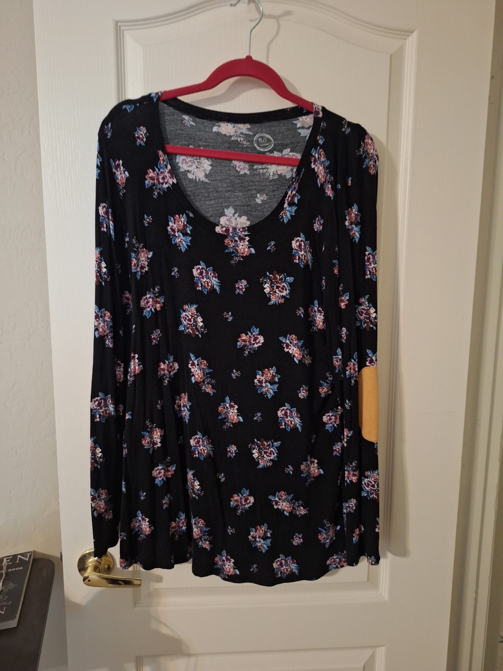 Maurices Black Floral Tunic with Pink & Blue Print and Mustard Elbow Patch